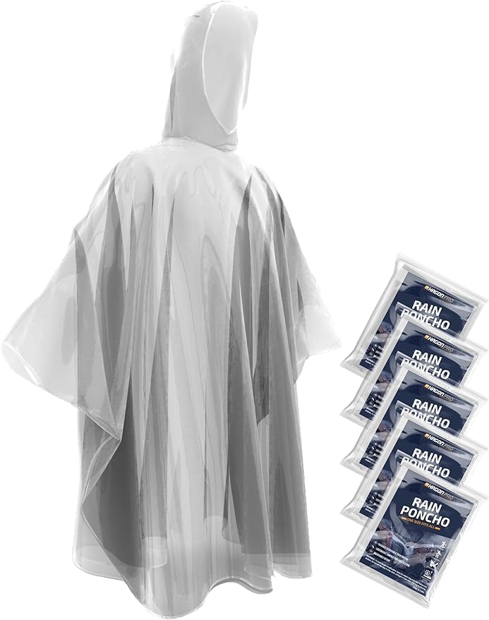 Hagon PRO Disposable Rain Ponchos for Adults, Hooded Poncho, Family 5 Pack