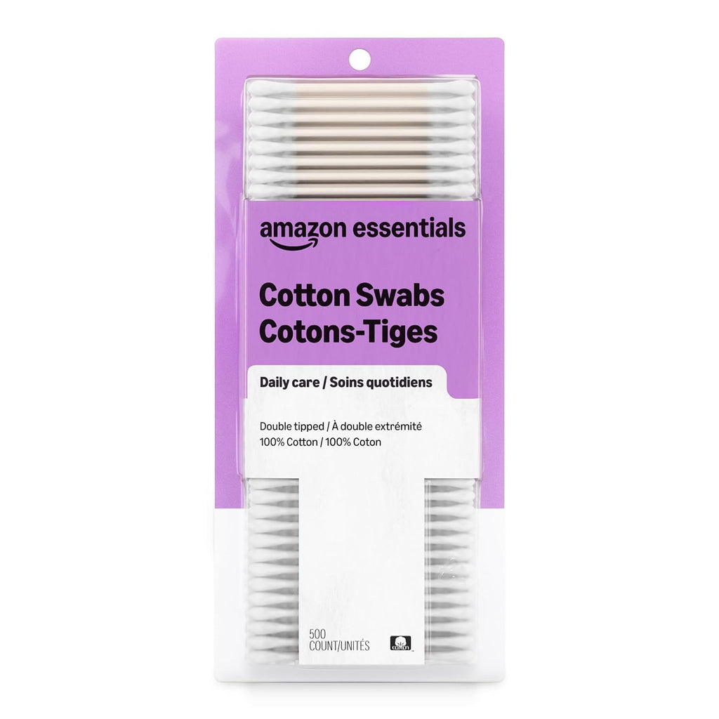 Amazon Basics Double-Tipped Cotton Swabs for Personal Hygiene and Baby Care, Cotton, Versatile, Baby Safe, 500 Count