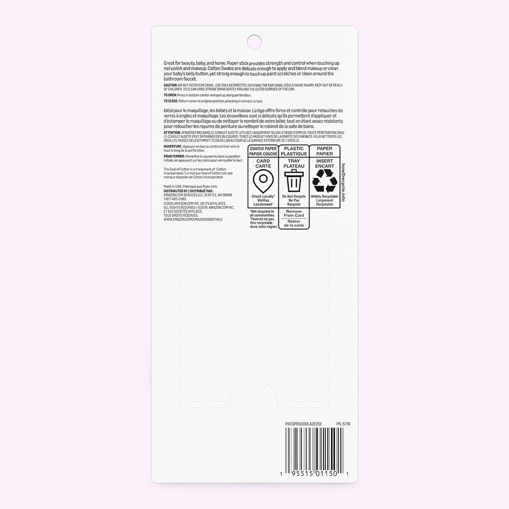 Amazon Basics Double-Tipped Cotton Swabs for Personal Hygiene and Baby Care, Cotton, Versatile, Baby Safe, 500 Count