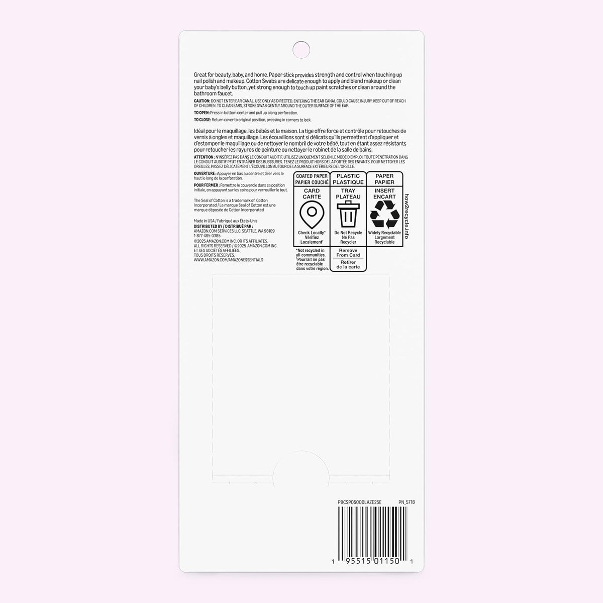 Amazon Basics Double-Tipped Cotton Swabs for Personal Hygiene and Baby Care, Cotton, Versatile, Baby Safe, 500 Count