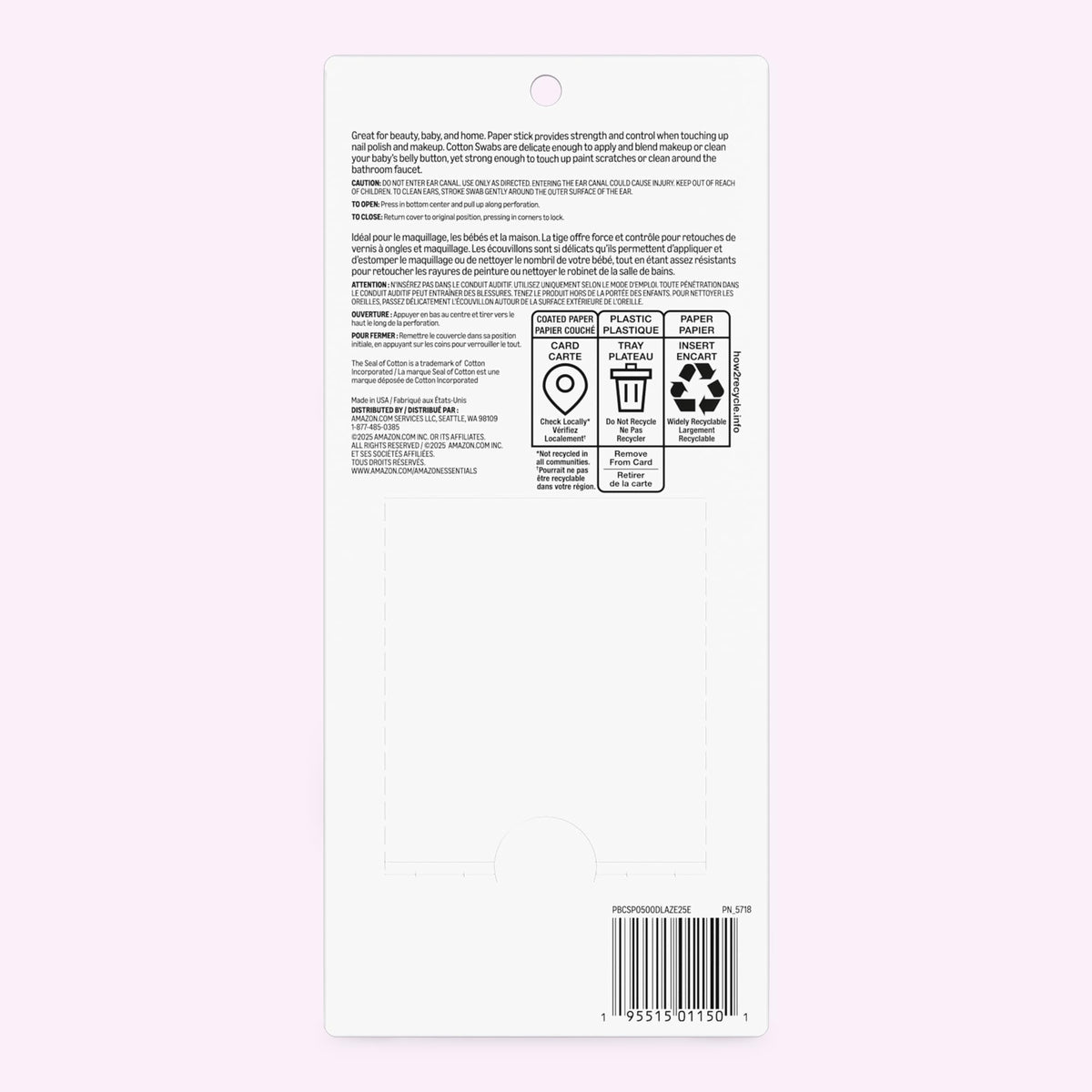 Amazon Basics Double-Tipped Cotton Swabs for Personal Hygiene and Baby Care, Cotton, Versatile, Baby Safe, 500 Count