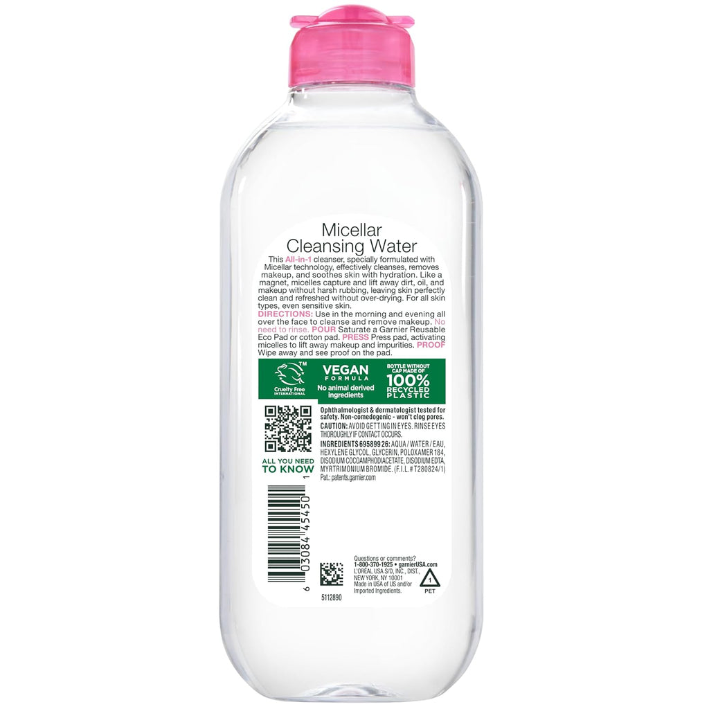 Garnier Micellar Water, Hydrating Facial Cleanser & Makeup Remover, Suitable for Sensitive Skin, Vegan, Cruelty Free, 13.5 Fl Oz (400mL), 1 Count