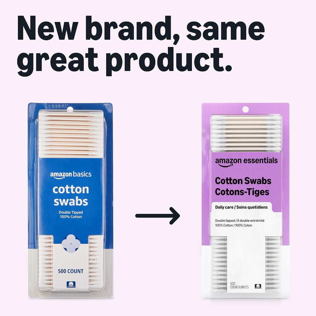 Amazon Basics Double-Tipped Cotton Swabs for Personal Hygiene and Baby Care, Cotton, Versatile, Baby Safe, 500 Count