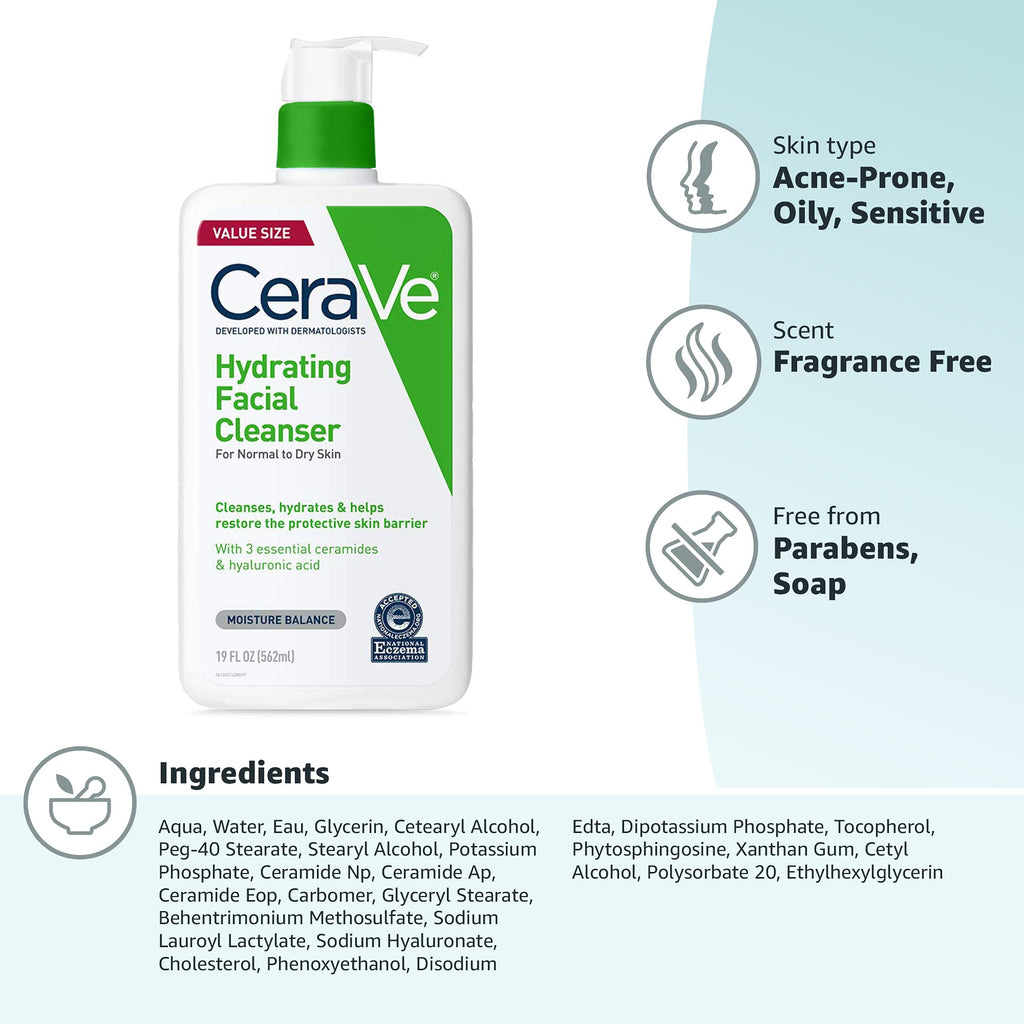 CeraVe Hydrating Cleanser with Hyaluronic Acid, Face Wash for Dry Skin,16oz