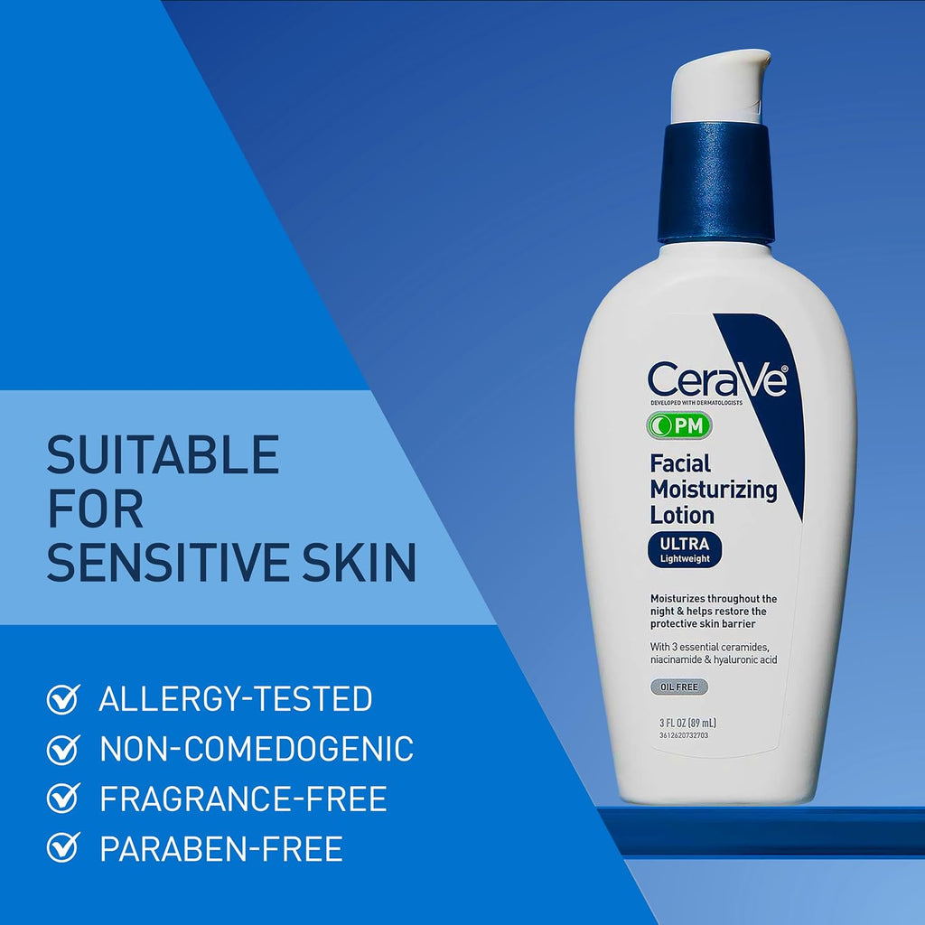 CeraVe PM Daily Facial Moisturizer, Skin Care for Dry Skin, Oil-Free, 3oz