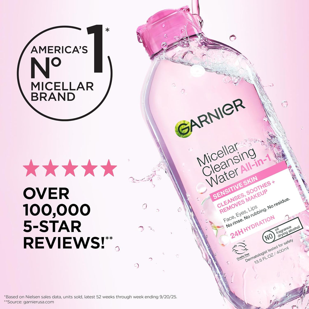 Garnier Micellar Water, Hydrating Facial Cleanser & Makeup Remover, Suitable for Sensitive Skin, Vegan, Cruelty Free, 13.5 Fl Oz (400mL), 1 Count