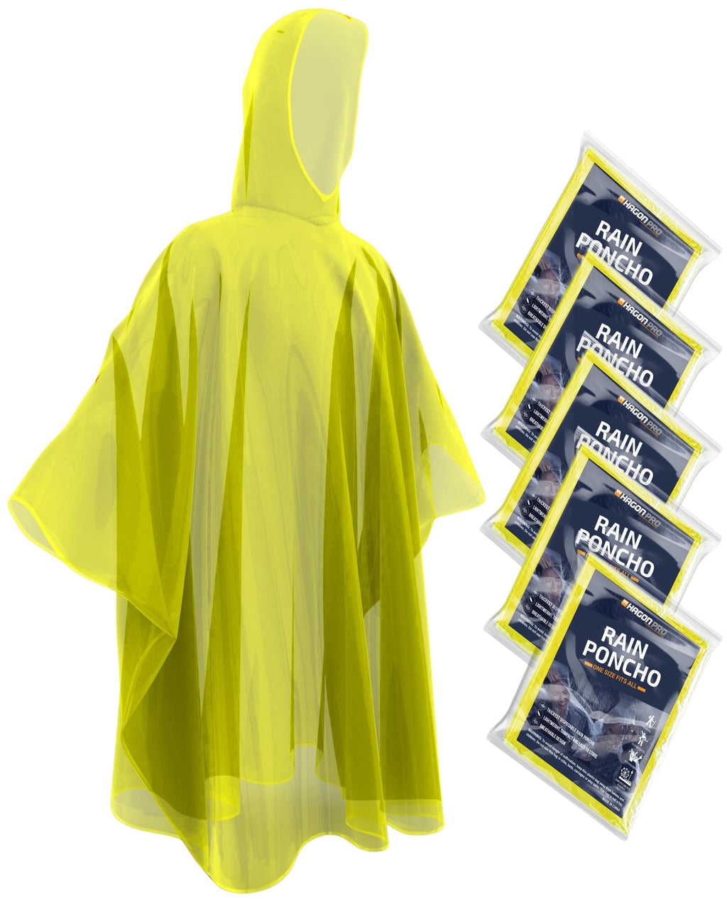 Hagon PRO Disposable Rain Ponchos for Adults, Hooded Poncho, Family 5 Pack