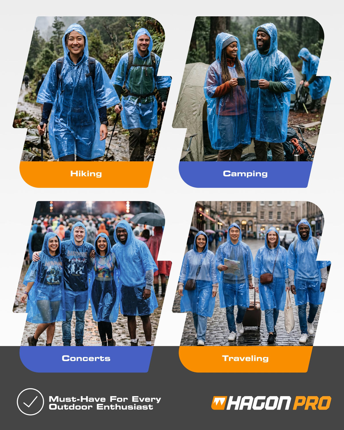 Hagon PRO Disposable Rain Ponchos for Adults, Hooded Poncho, Family 5 Pack