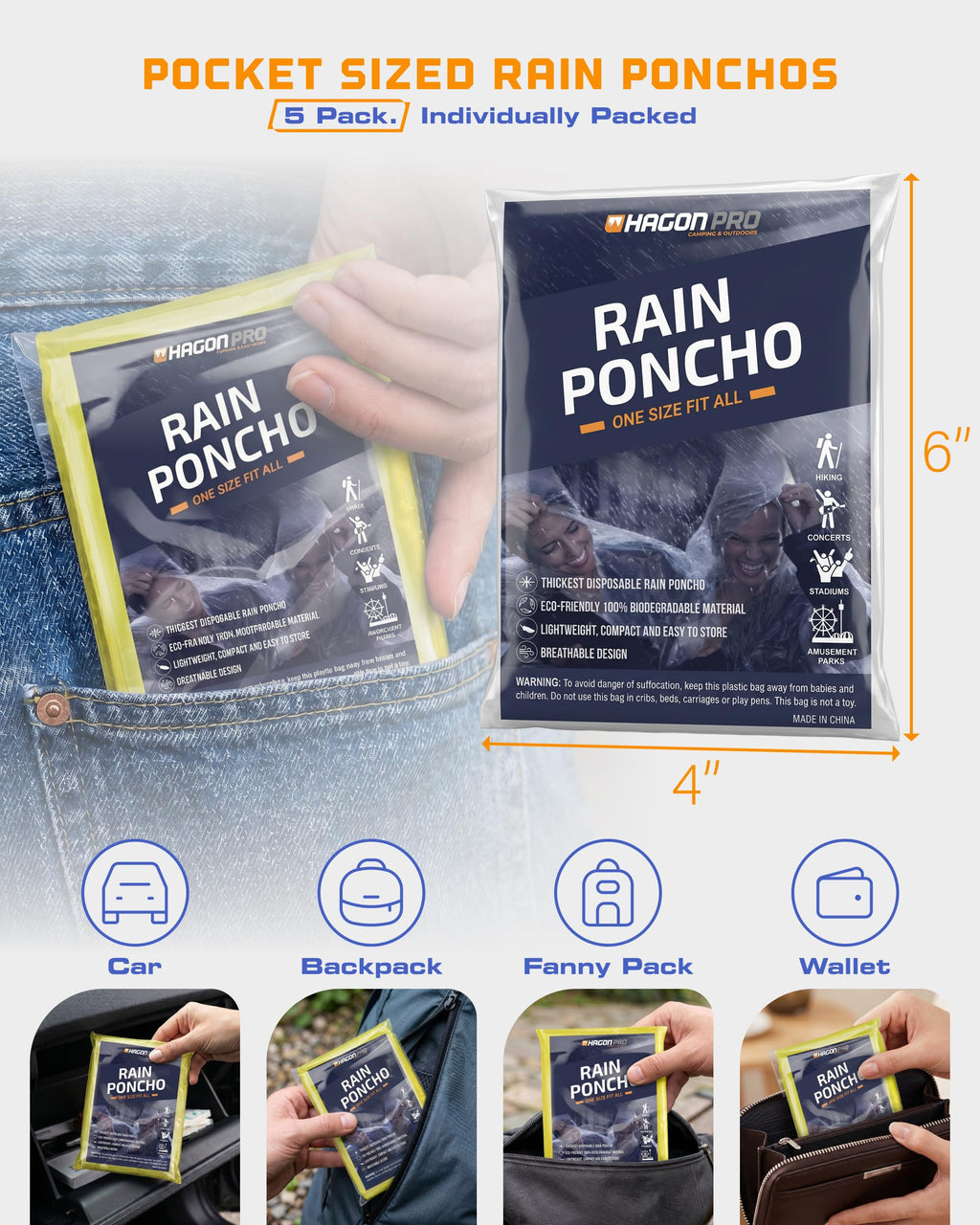 Hagon PRO Disposable Rain Ponchos for Adults, Hooded Poncho, Family 5 Pack