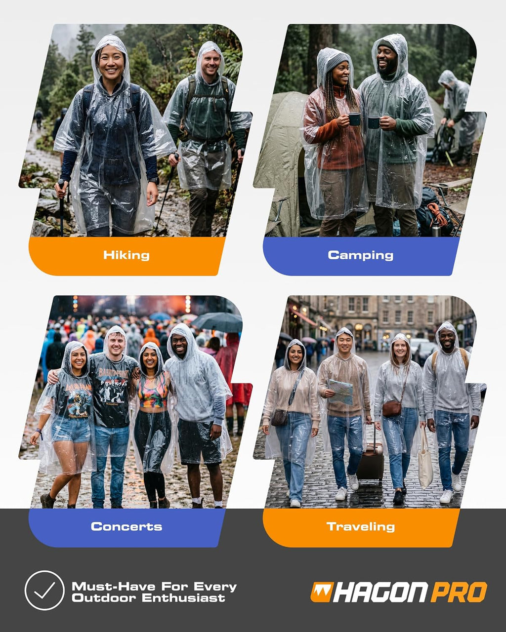 Hagon PRO Disposable Rain Ponchos for Adults, Hooded Poncho, Family 5 Pack