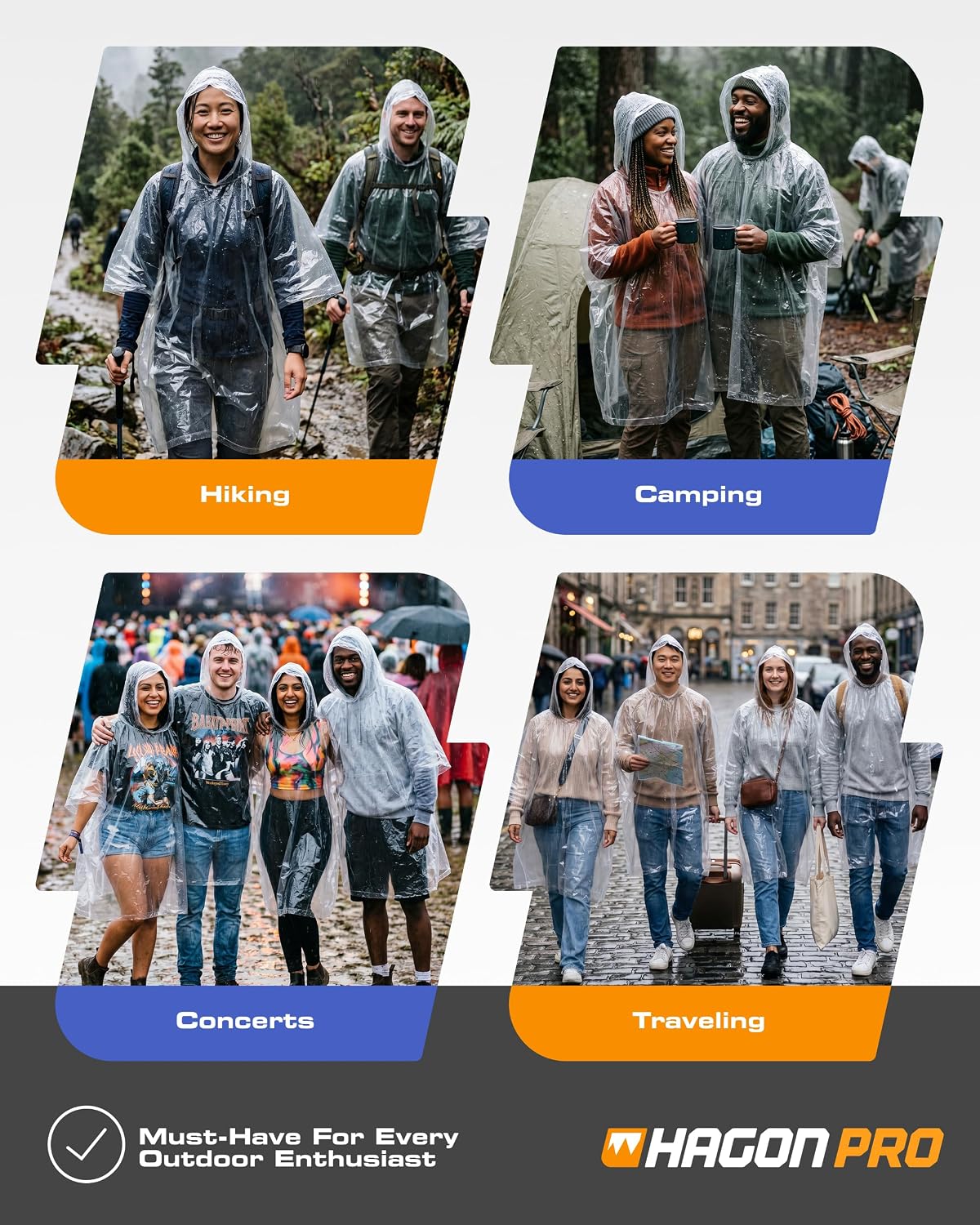 Hagon PRO Disposable Rain Ponchos for Adults, Hooded Poncho, Family 5 Pack